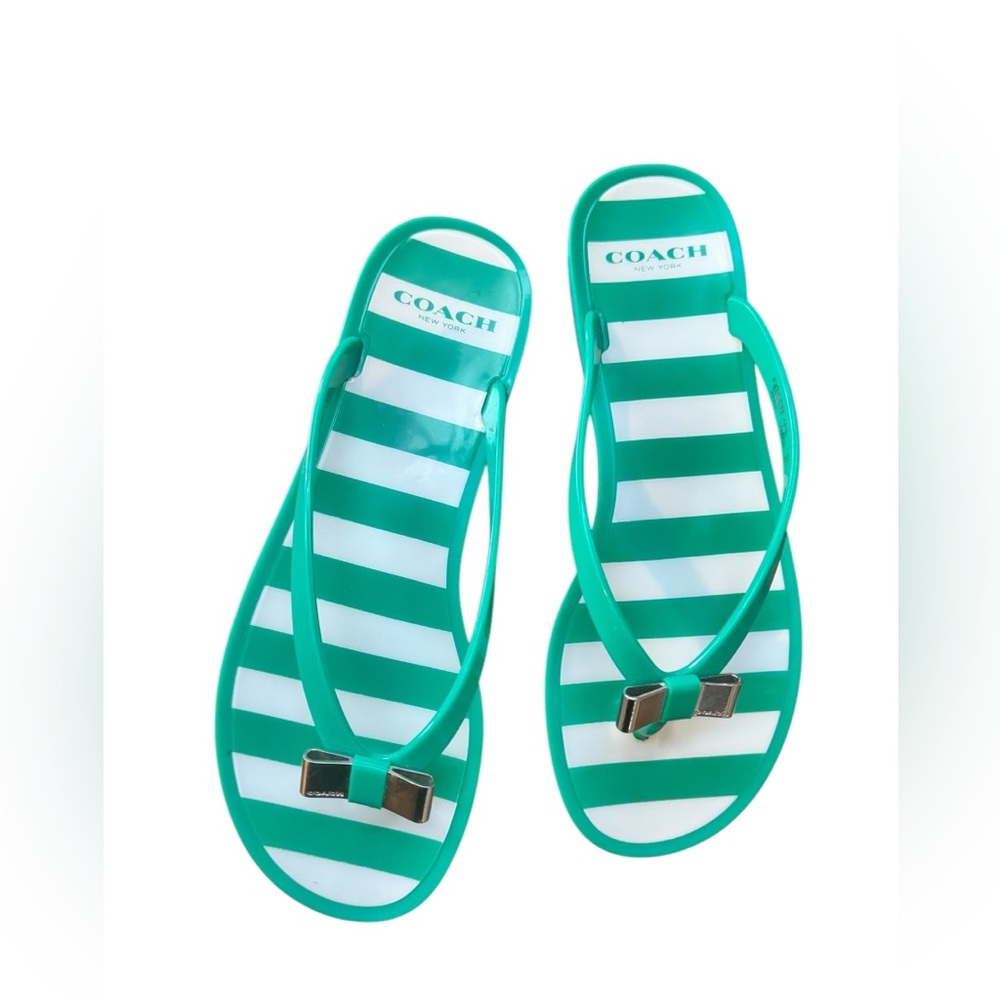 Coach Green and White Striped Flip Flops - Picture 3 of 6